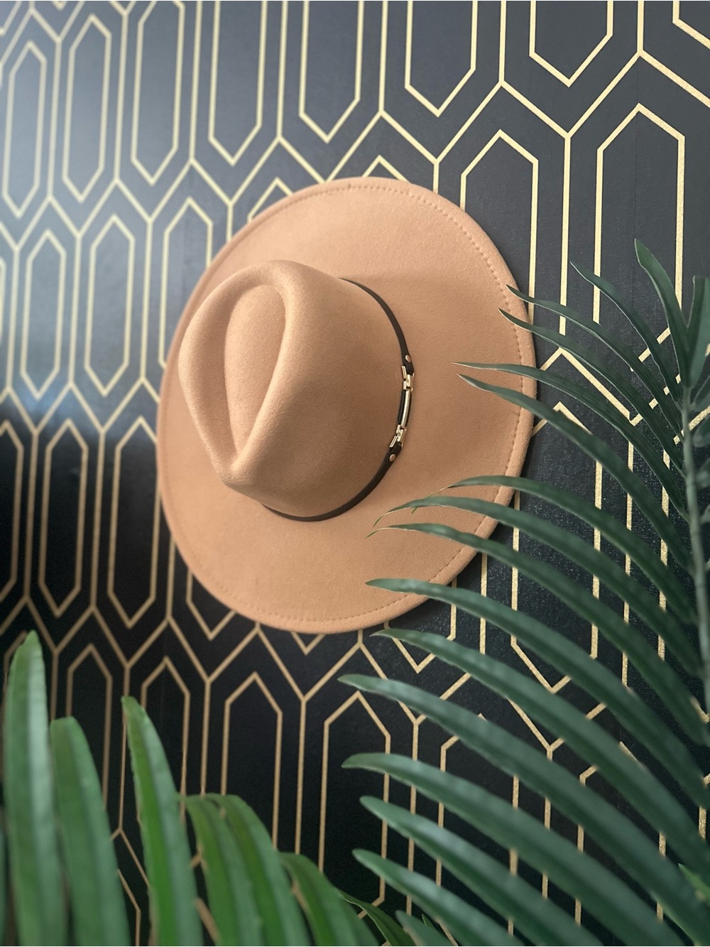 Wide-Brim Felt Fedora Hat in Tan with Brown Band